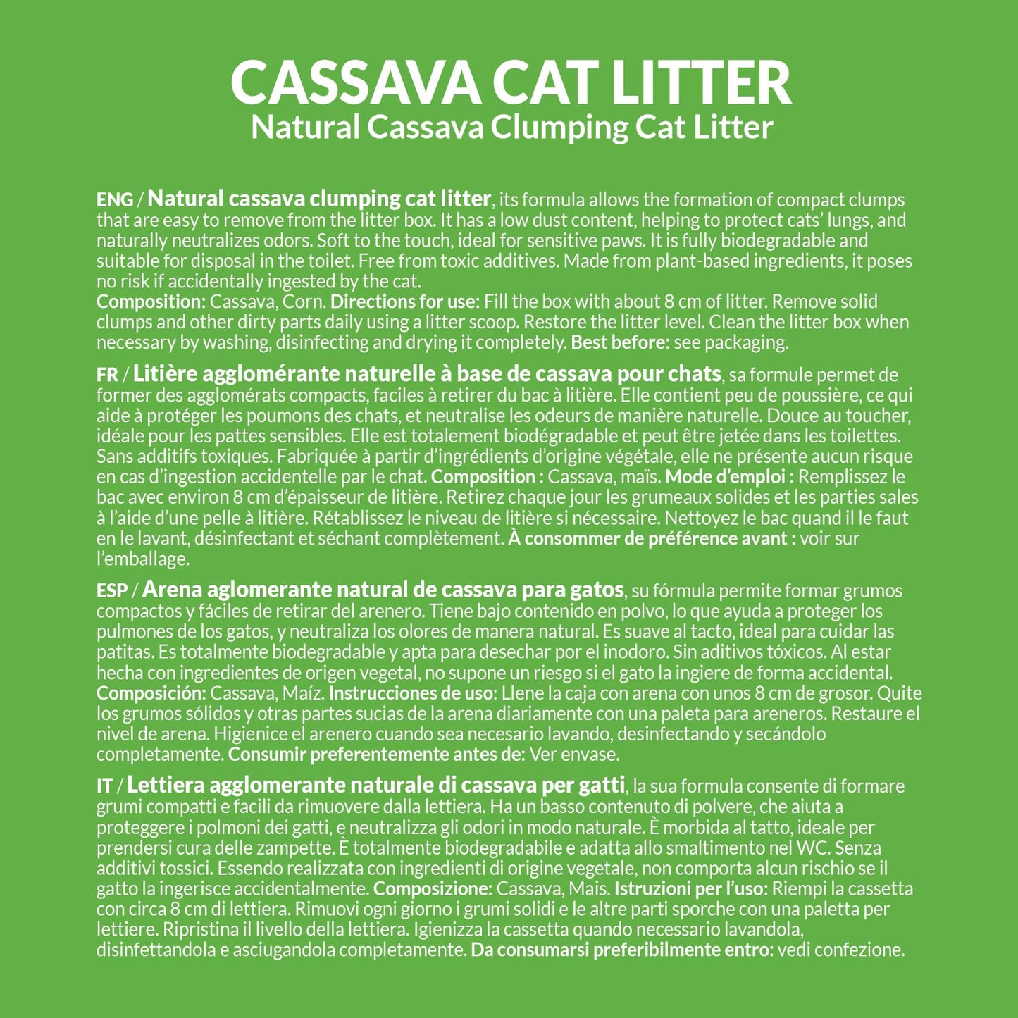 Areia aglomerante de Mandioca para gatos - Cassava Cat Litter