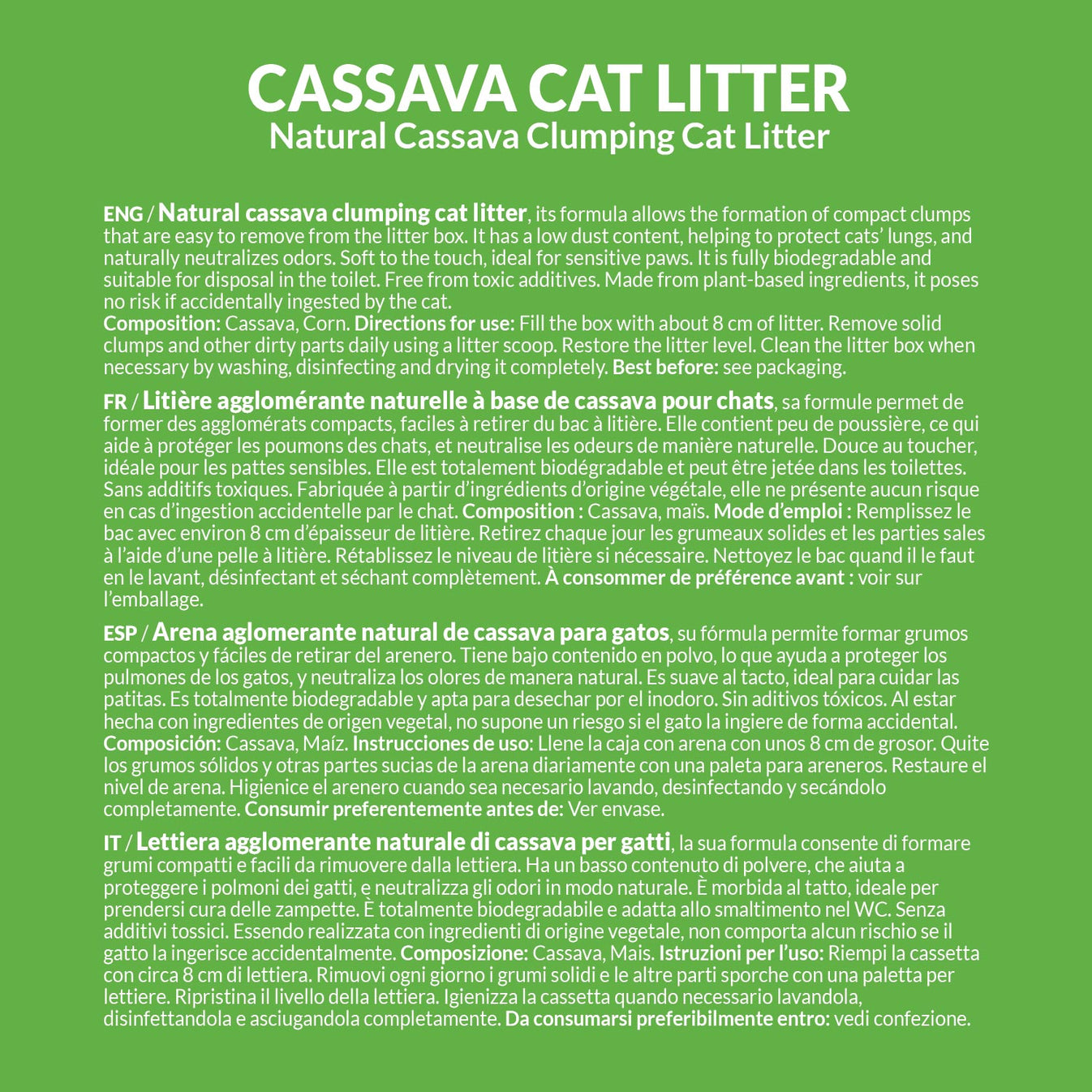 Areia aglomerante de Mandioca para gatos - Cassava Cat Litter