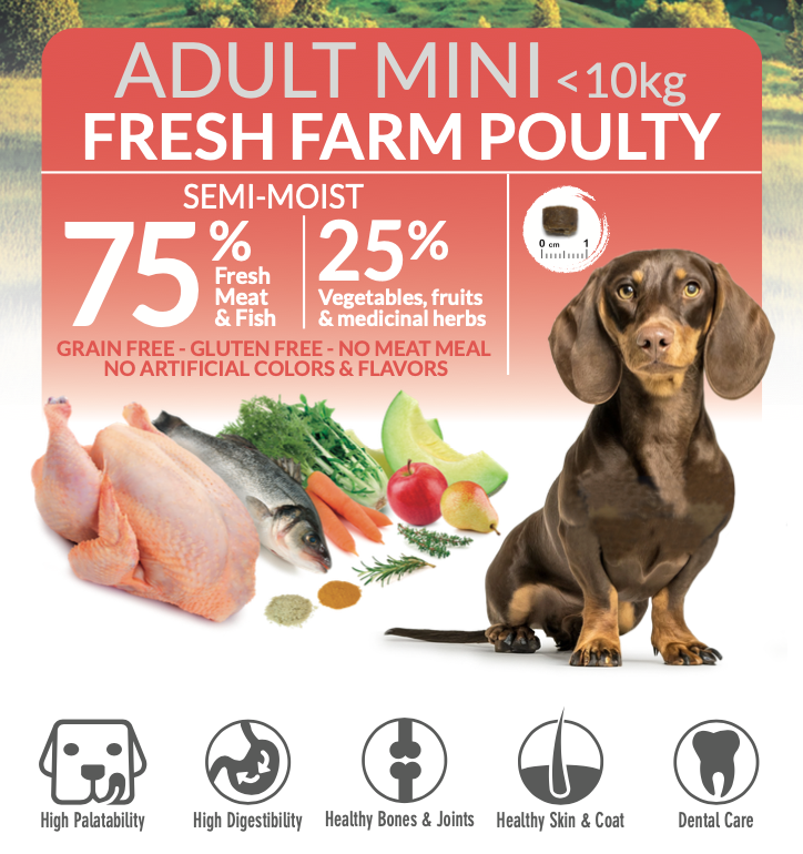 Alimento semihúmedo con Pollo de Corral fresco para perros de razas MINI - Fresh