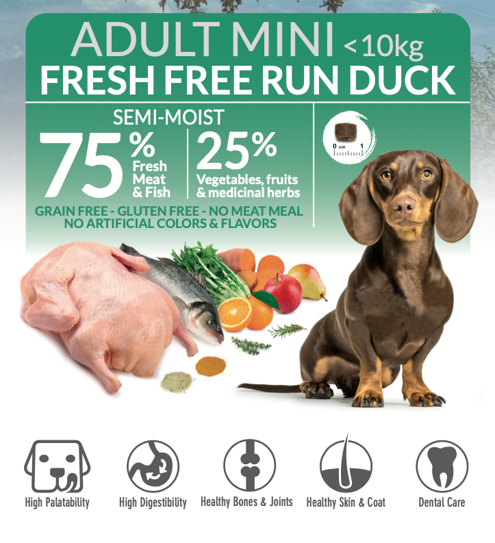 Alimento semihúmedo con Pato de Granja fresco para perros de razas MINI - Fresh