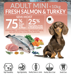 Alimento semihúmedo con Salmón y Pavo fresco para perros de razas MINI - Fresh