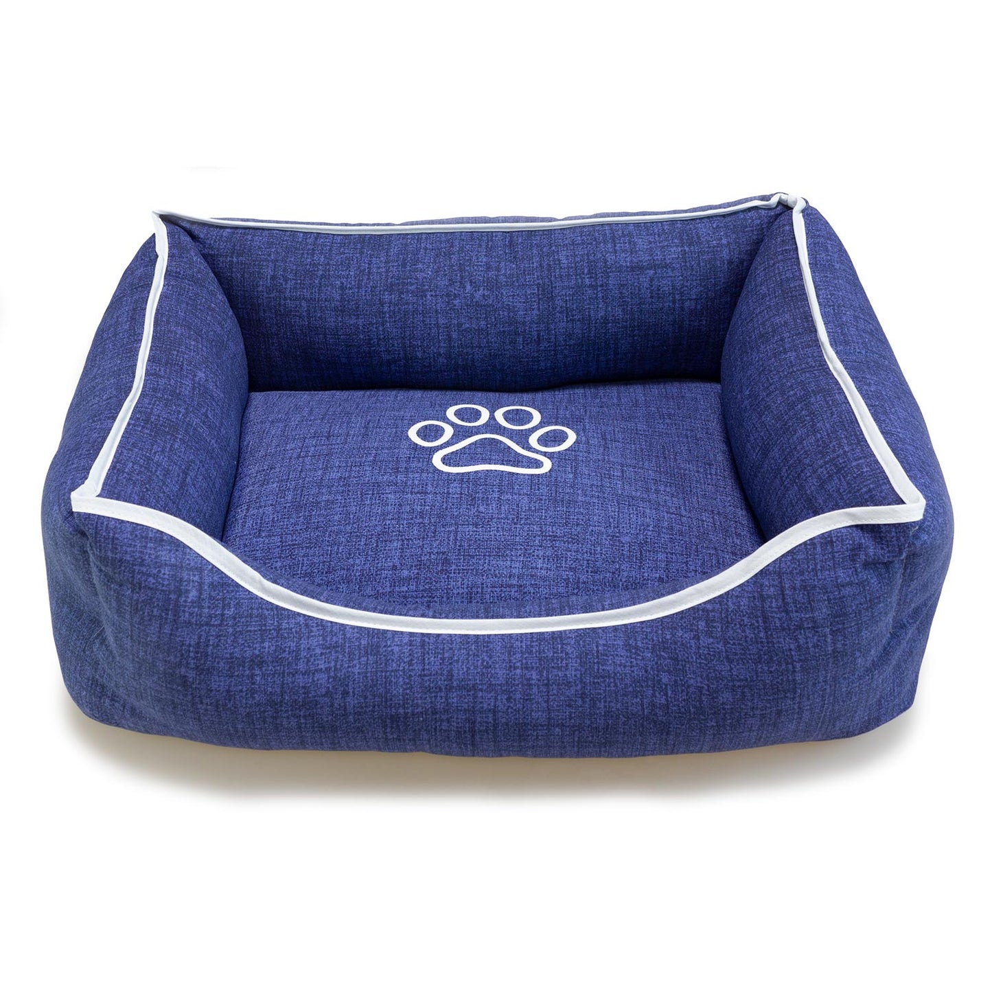 Cama cuadrada azul con huella y ribete