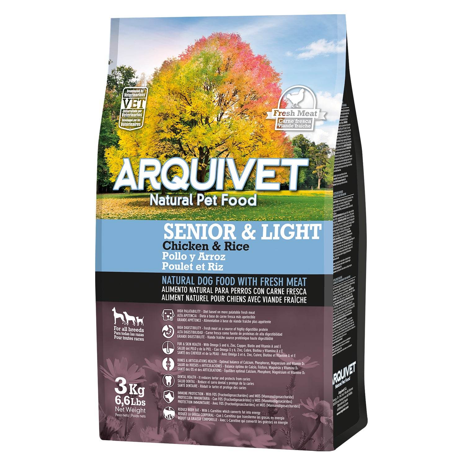 Nourriture Super Premium au poulet et au riz pour chiens âgés (viande fraîche) - Arquivet