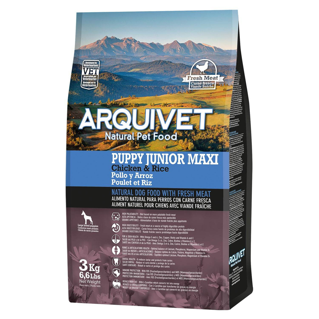 Pienso Super Premium de Pollo y Arroz para cachorros Maxi (carne fresca) - Arquivet