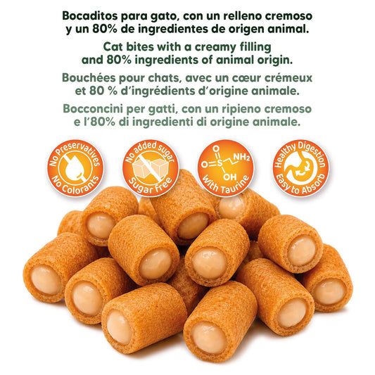 Soft Cat Bites con relleno cremoso: 80 % ingredientes de origen animal, sin conservantes ni azúcares añadidos, con taurina